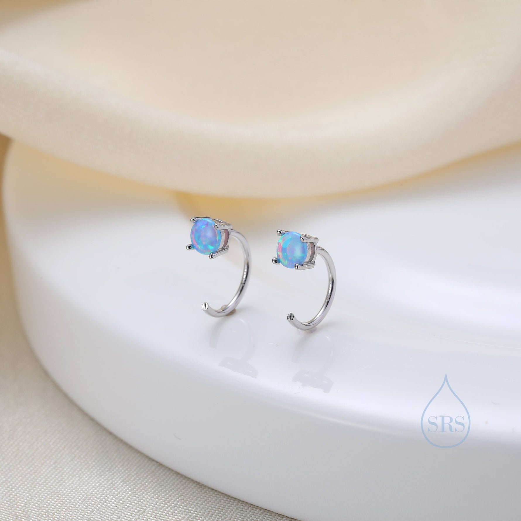Blue Opal 4mm Open Huggie Hoop Earrings in Sterling Silver, Pull Through C Hoops