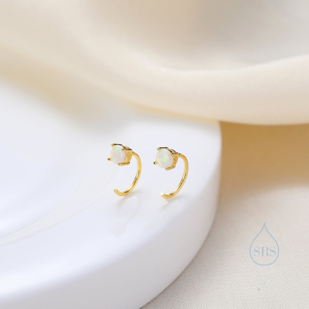 White Opal Huggie Hoop Earrings in Sterling Silver, Tiny Opal Open Hoops, Opal Pull Through Threaders, Half Hoops, C Shape Opal Hoops