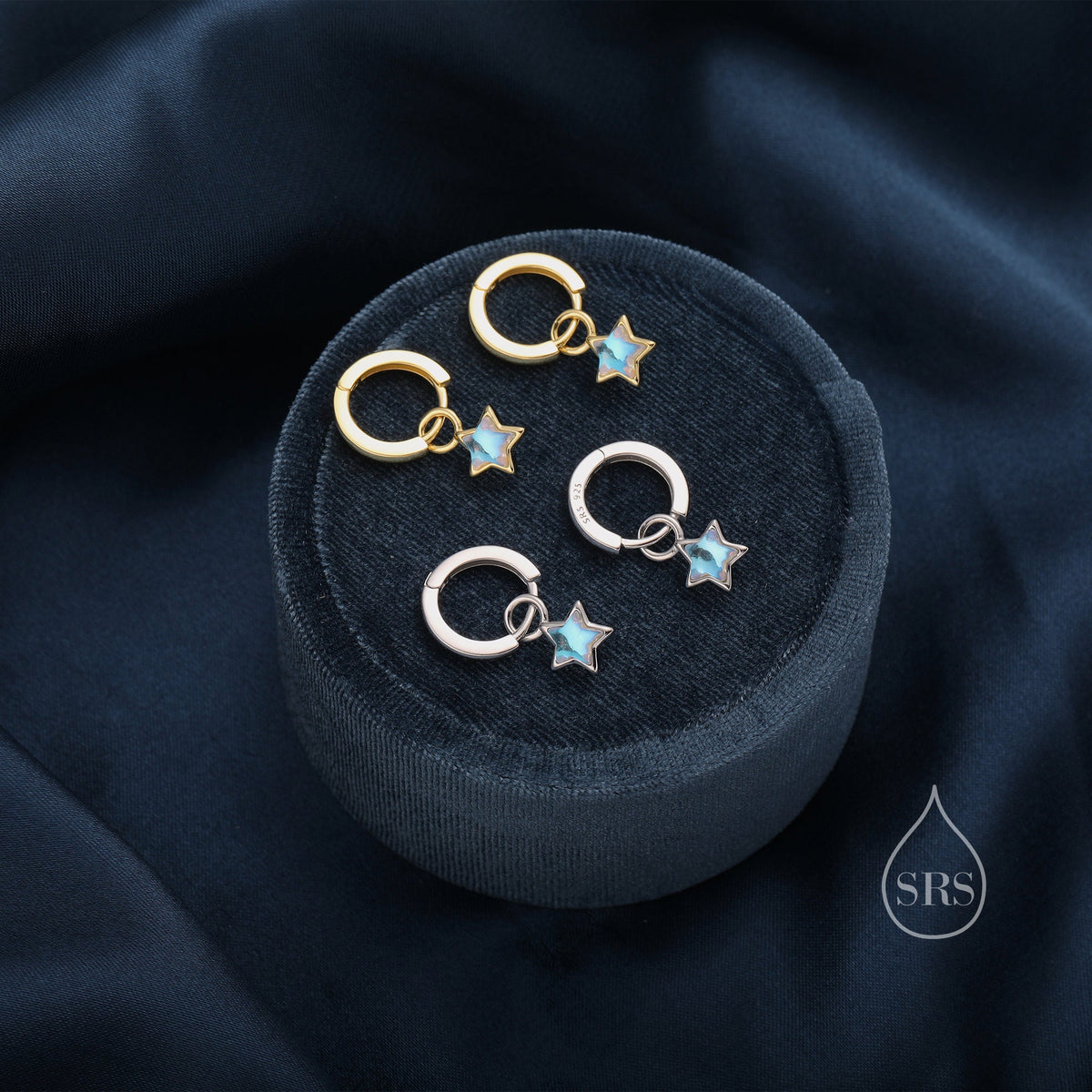 Moonstone Star Dangle Huggie Hoop Earrings in Sterling Silver, Silver or Gold, Simulated Moonstone Star Hoops, Detachable Hoops