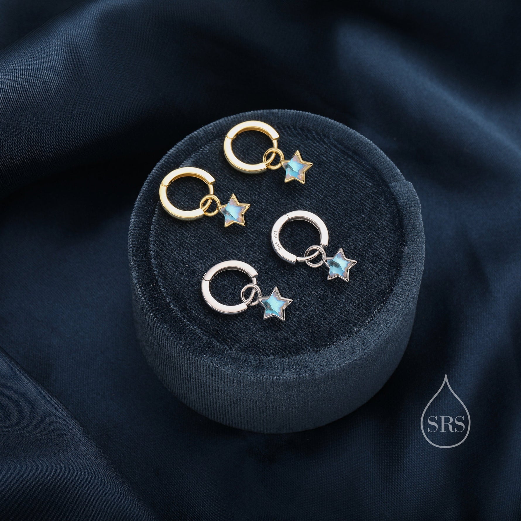 Moonstone Star Dangle Huggie Hoop Earrings in Sterling Silver, Silver or Gold, Simulated Moonstone Star Hoops, Detachable Hoops