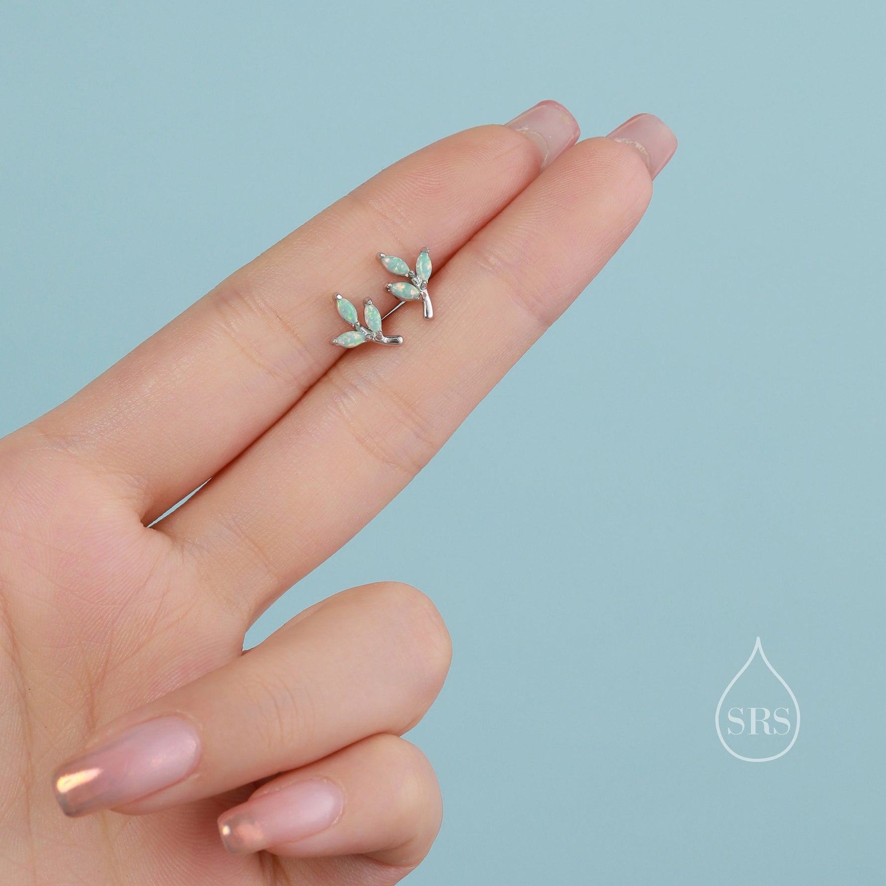 Tiny Little Opal Leaf Stud Earrings in Sterling Silver, Silver or Gold, Olive Leaf Earrings with Lab Opal, Opal Leaf Earrings