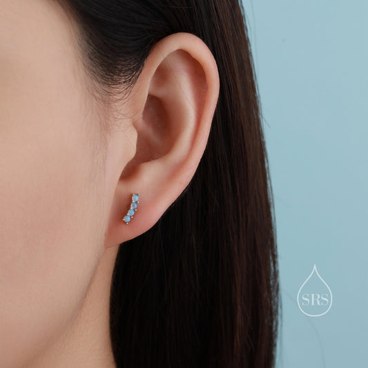 Tiny Little Opal Curved Bar Stud Earrings in Sterling Silver, Silver or Gold, Blue Opal or White Opal, Opal Bar Earrings