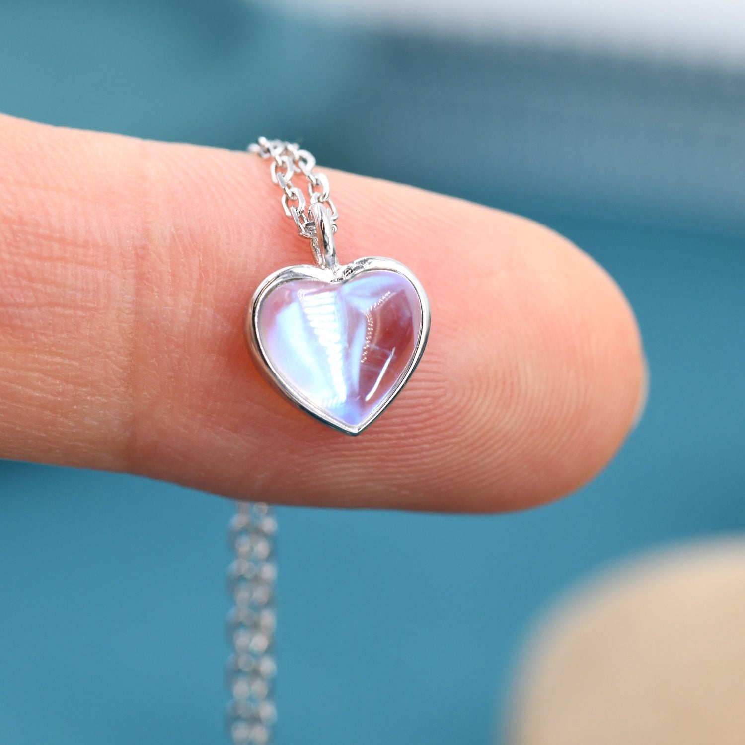 Heart Moonstone Pendant Necklace in Sterling Silver, Moonstone Necklace, Heart Shape Moonstone Necklace, Aurora Crystal, AB Crystal