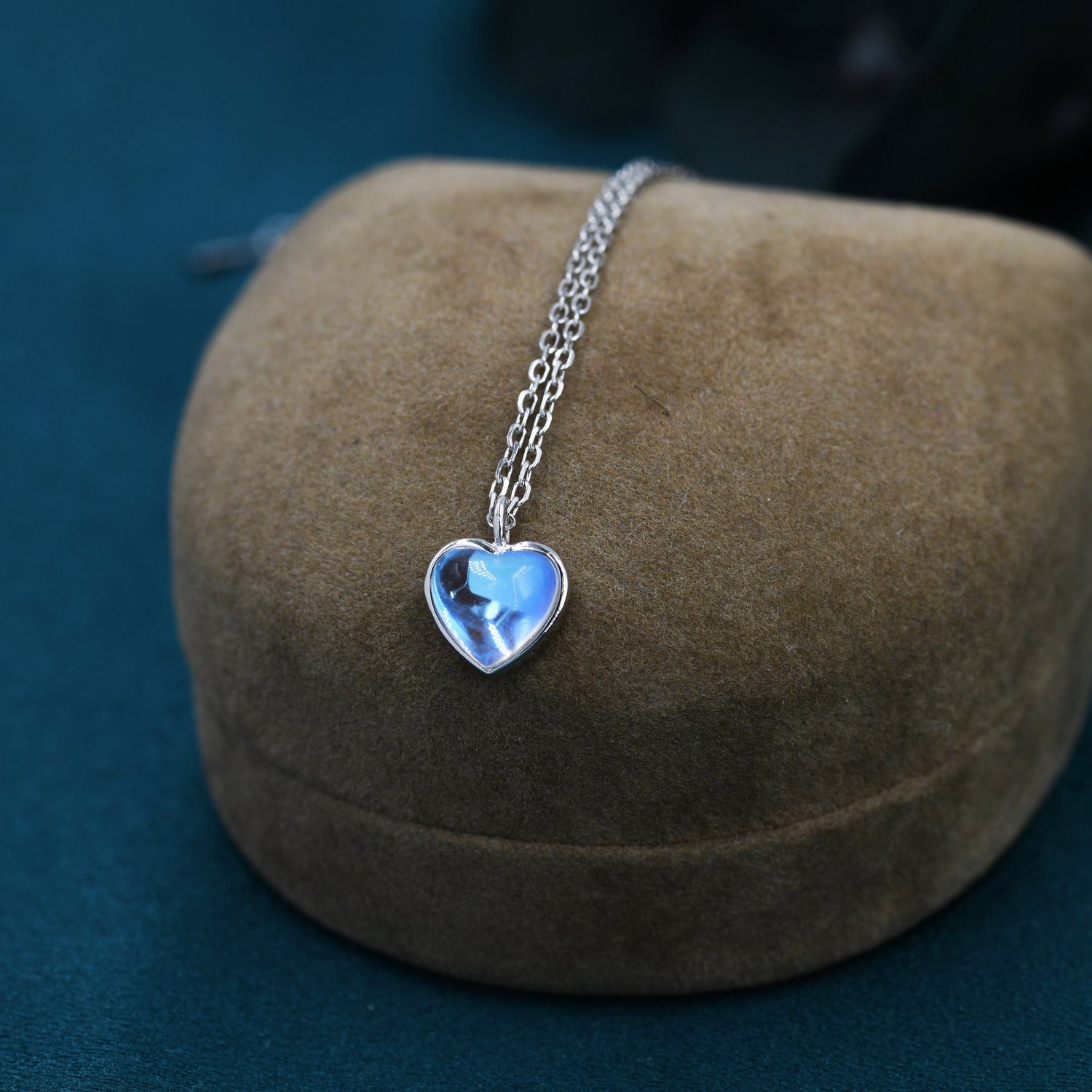 Heart Moonstone Pendant Necklace in Sterling Silver, Moonstone Necklace, Heart Shape Moonstone Necklace, Aurora Crystal, AB Crystal