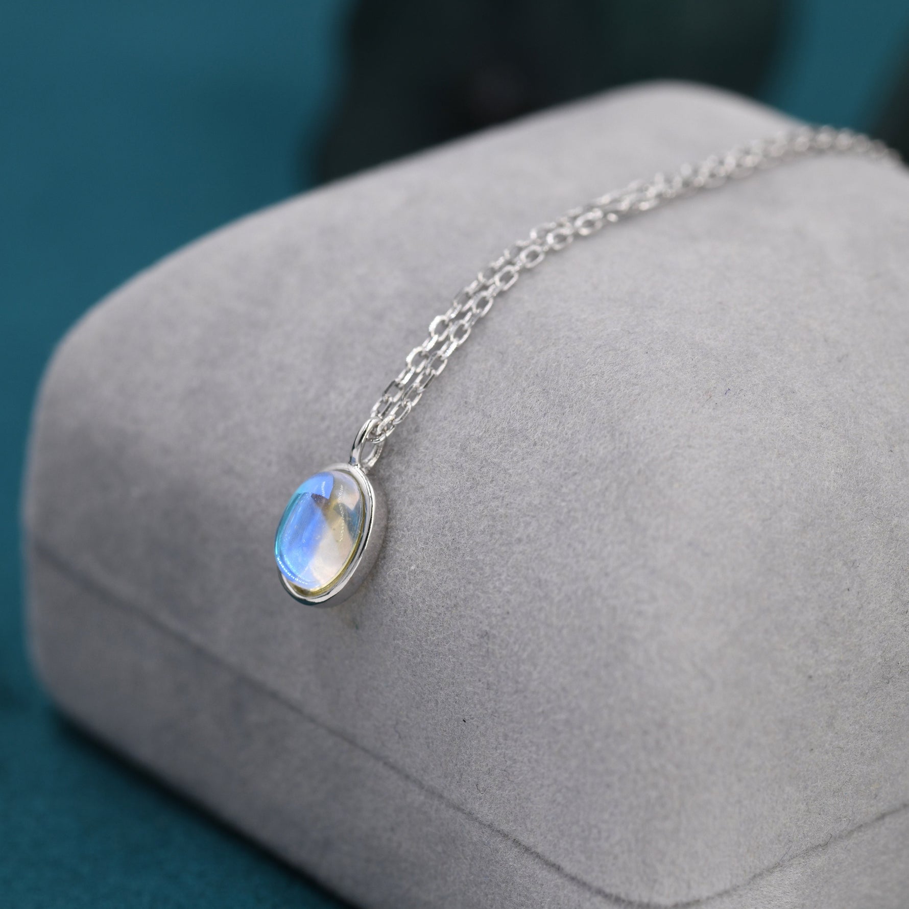 Oval Moonstone Pendant Necklace in Sterling Silver, Moonstone Necklace, Oval Shape Moonstone Necklace, Aurora Crystal, AB Crystal