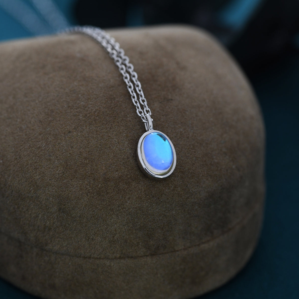 Oval Moonstone Pendant Necklace in Sterling Silver, Moonstone Necklace, Oval Shape Moonstone Necklace, Aurora Crystal, AB Crystal