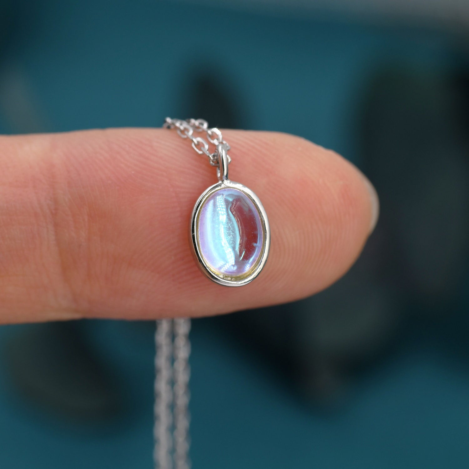 Oval Moonstone Pendant Necklace in Sterling Silver, Moonstone Necklace, Oval Shape Moonstone Necklace, Aurora Crystal, AB Crystal