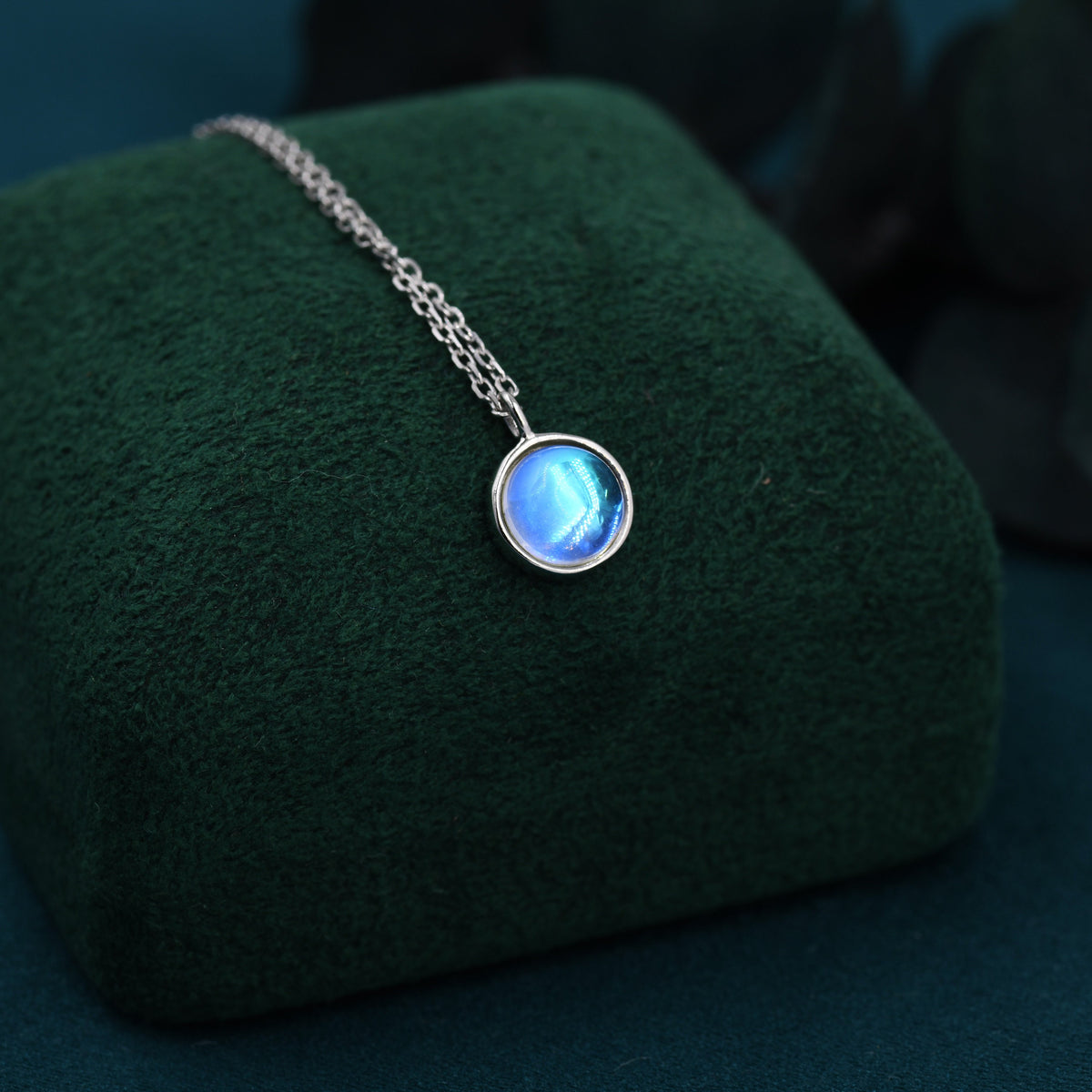 Moonstone Coin Pendant Necklace in Sterling Silver, Round Moonstone Necklace, Circle Shape Moonstone Necklace, Aurora Crystal, AB Crystal