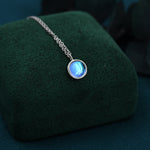 Moonstone Coin Pendant Necklace in Sterling Silver, Round Moonstone Necklace, Circle Shape Moonstone Necklace, Aurora Crystal, AB Crystal