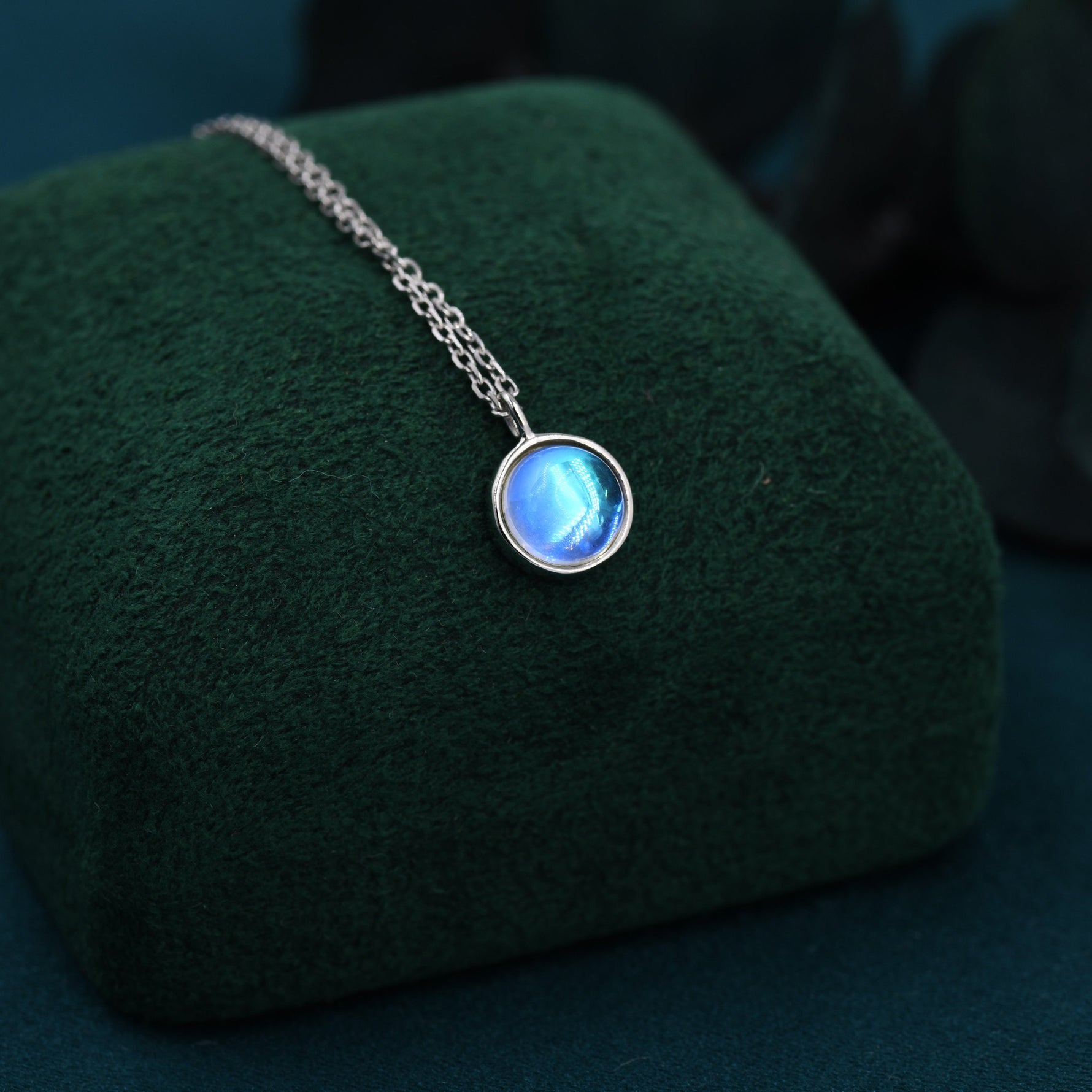 Moonstone Coin Pendant Necklace in Sterling Silver, Round Moonstone Necklace, Circle Shape Moonstone Necklace, Aurora Crystal, AB Crystal