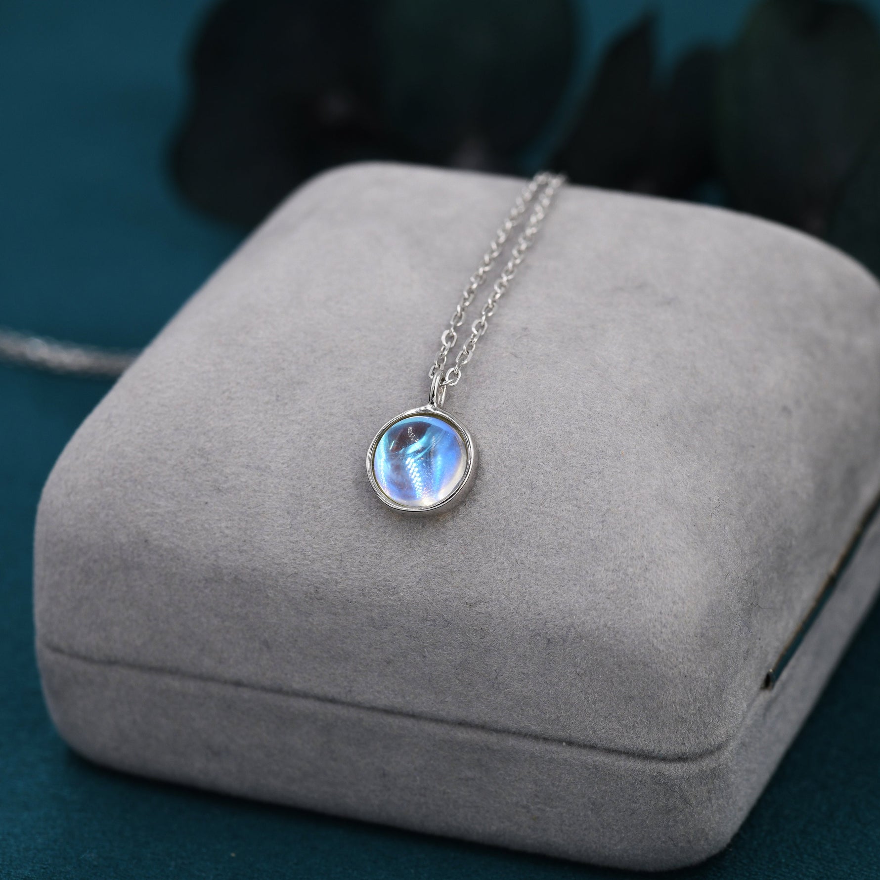 Moonstone Coin Pendant Necklace in Sterling Silver, Round Moonstone Necklace, Circle Shape Moonstone Necklace, Aurora Crystal, AB Crystal