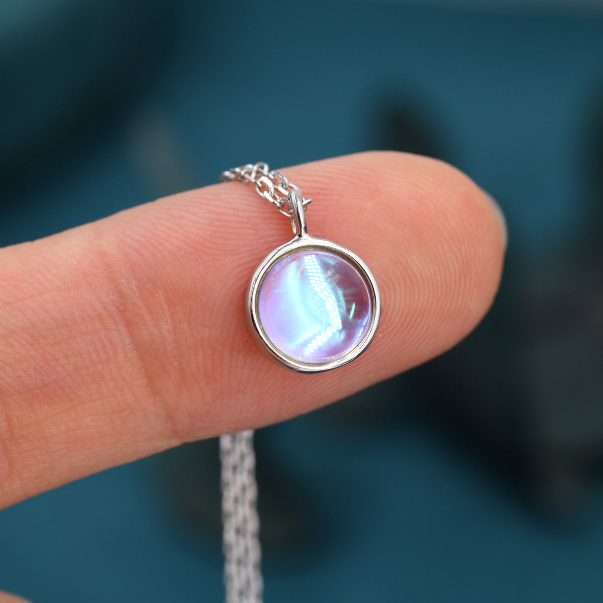 Moonstone Coin Pendant Necklace in Sterling Silver, Round Moonstone Necklace, Circle Shape Moonstone Necklace, Aurora Crystal, AB Crystal