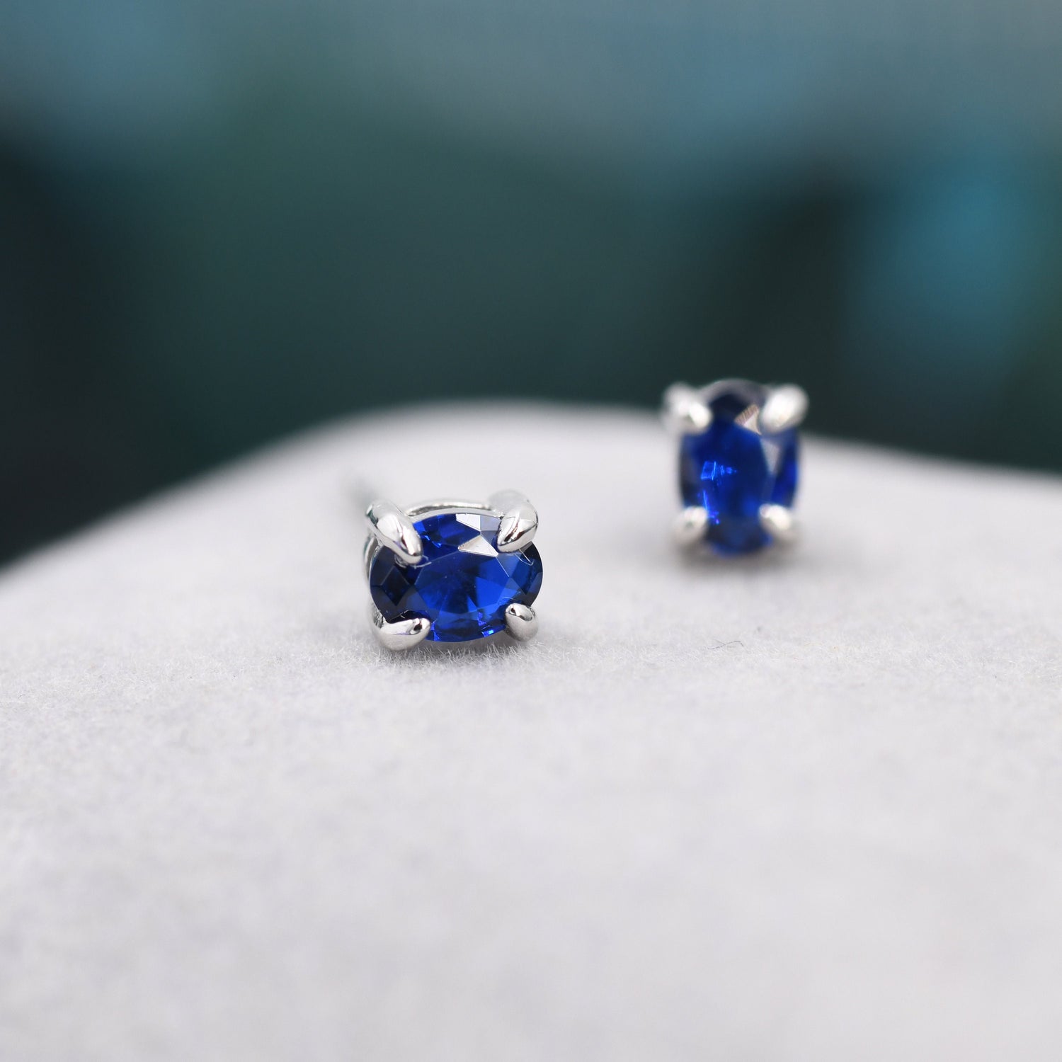 Sapphire Blue Oval CZ Stud Earrings in Sterling Silver, Silver or Gold, Oval Cut Crystal Earrings, September Birthstone