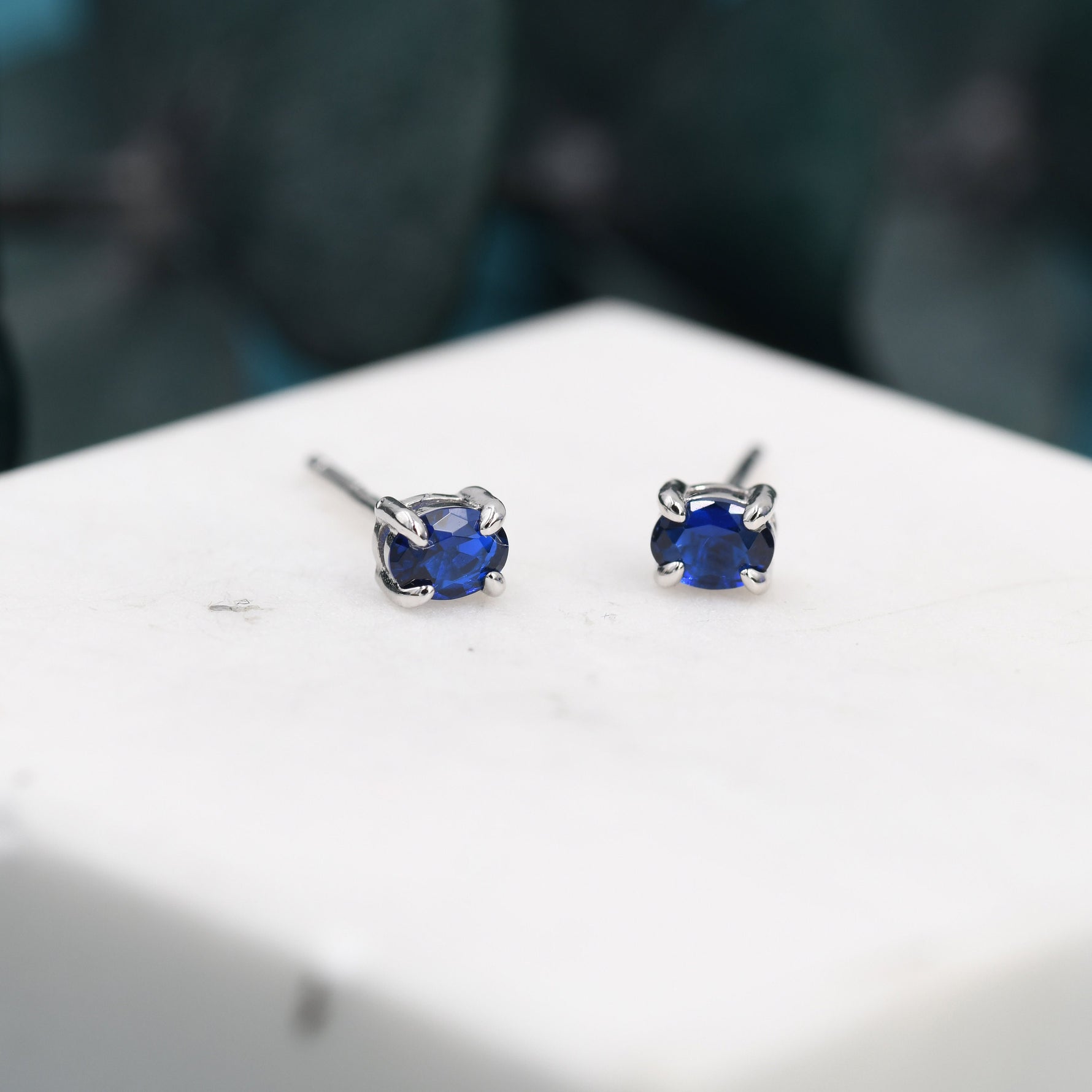 Sapphire Blue Oval CZ Stud Earrings in Sterling Silver, Silver or Gold, Oval Cut Crystal Earrings, September Birthstone