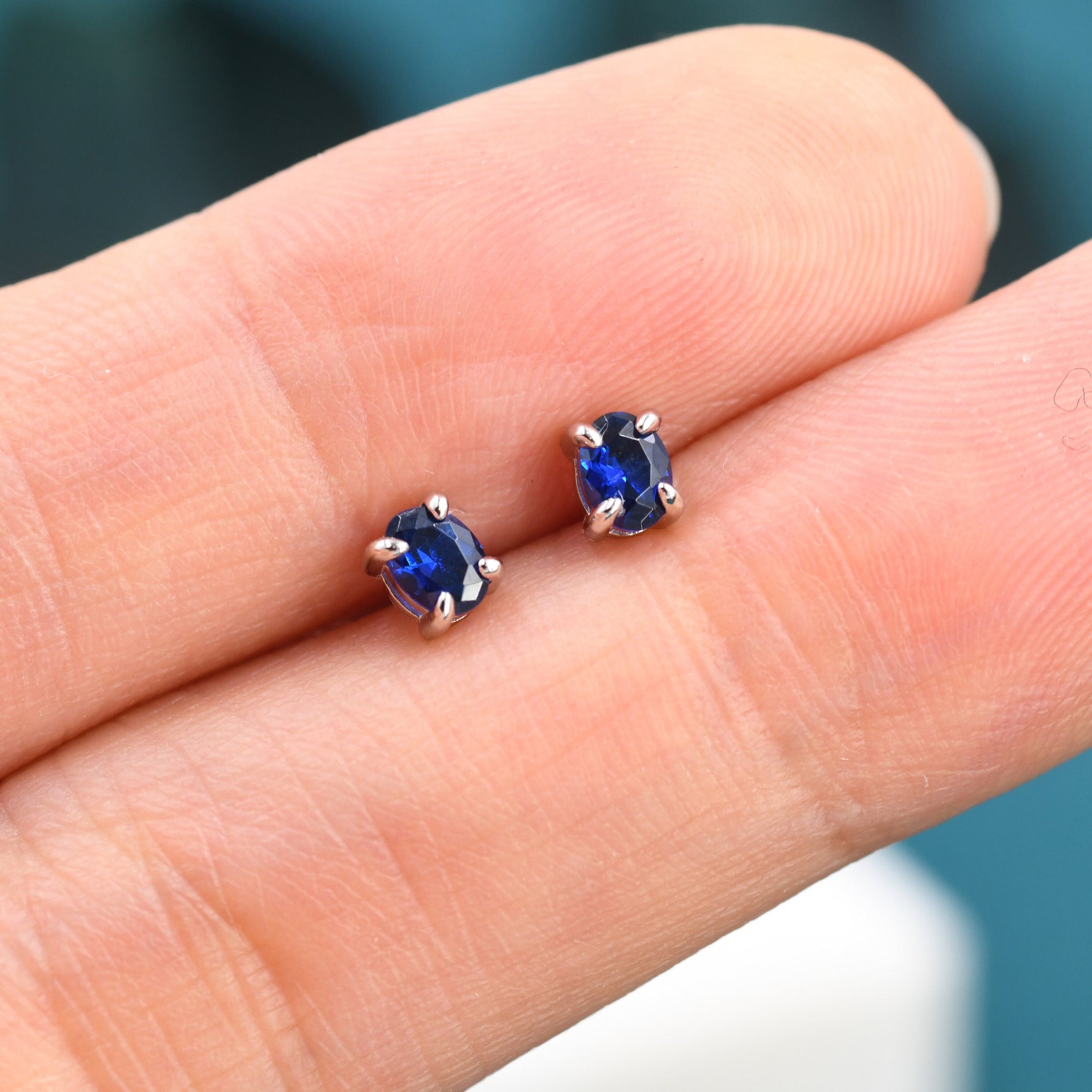 Sapphire Blue Oval CZ Stud Earrings in Sterling Silver, Silver or Gold, Oval Cut Crystal Earrings, September Birthstone