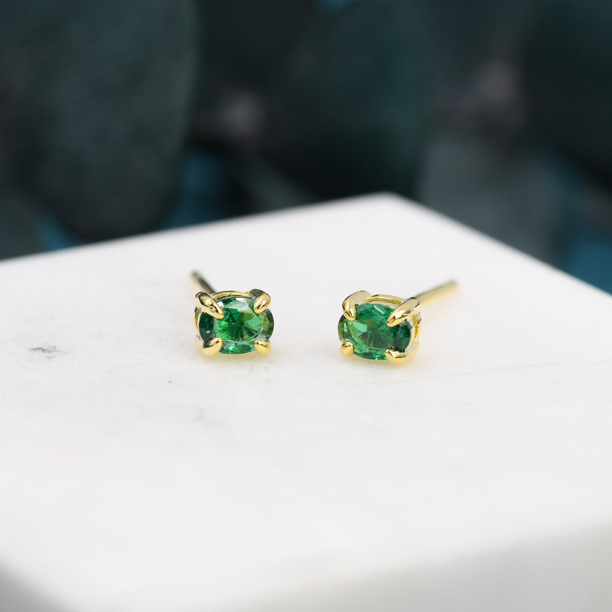 Very Tiny Emerald Green Oval CZ Stud Earrings in Sterling Silver, Silver or Gold, Oval Cut Crystal Earrings, May Birthstone