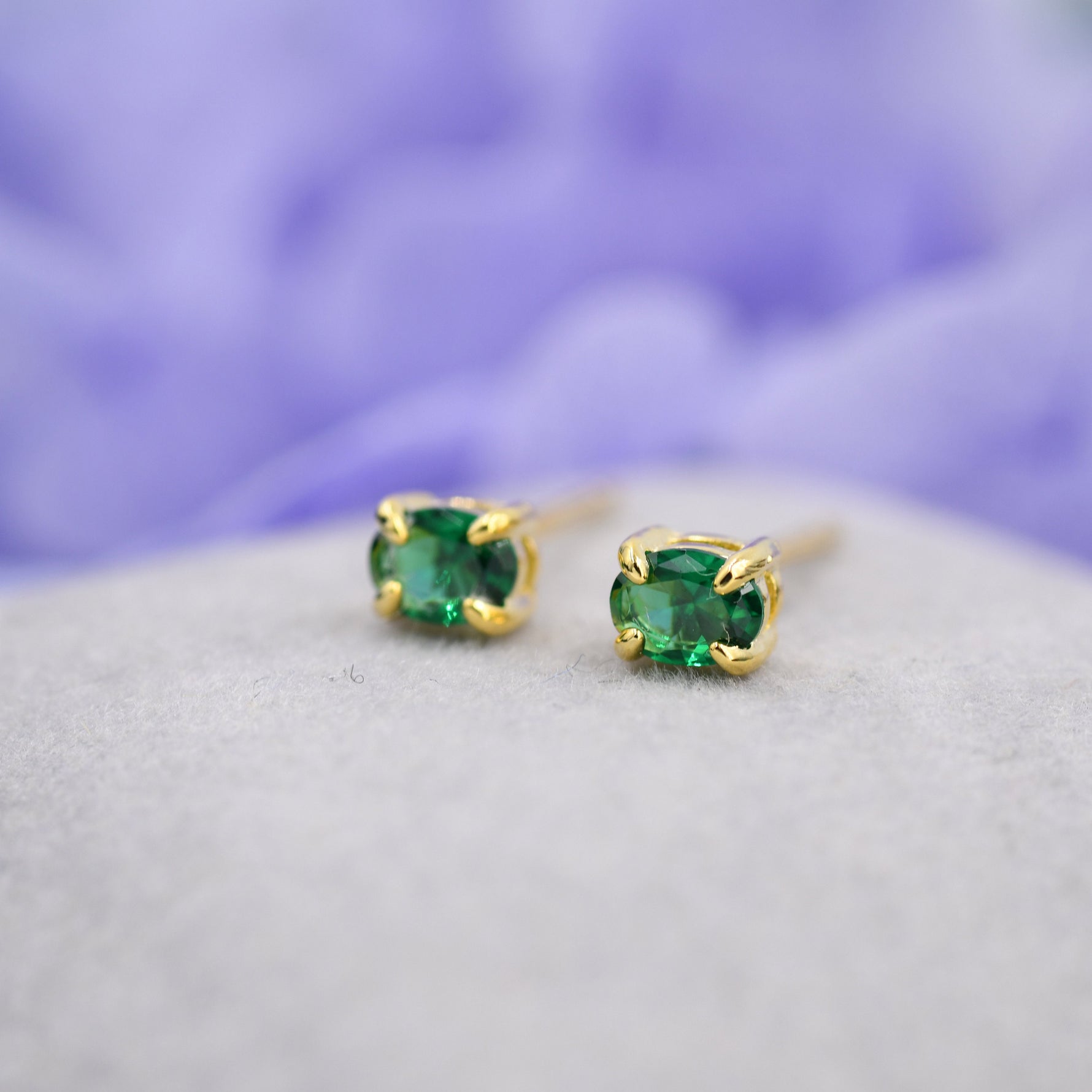 Very Tiny Emerald Green Oval CZ Stud Earrings in Sterling Silver, Silver or Gold, Oval Cut Crystal Earrings, May Birthstone
