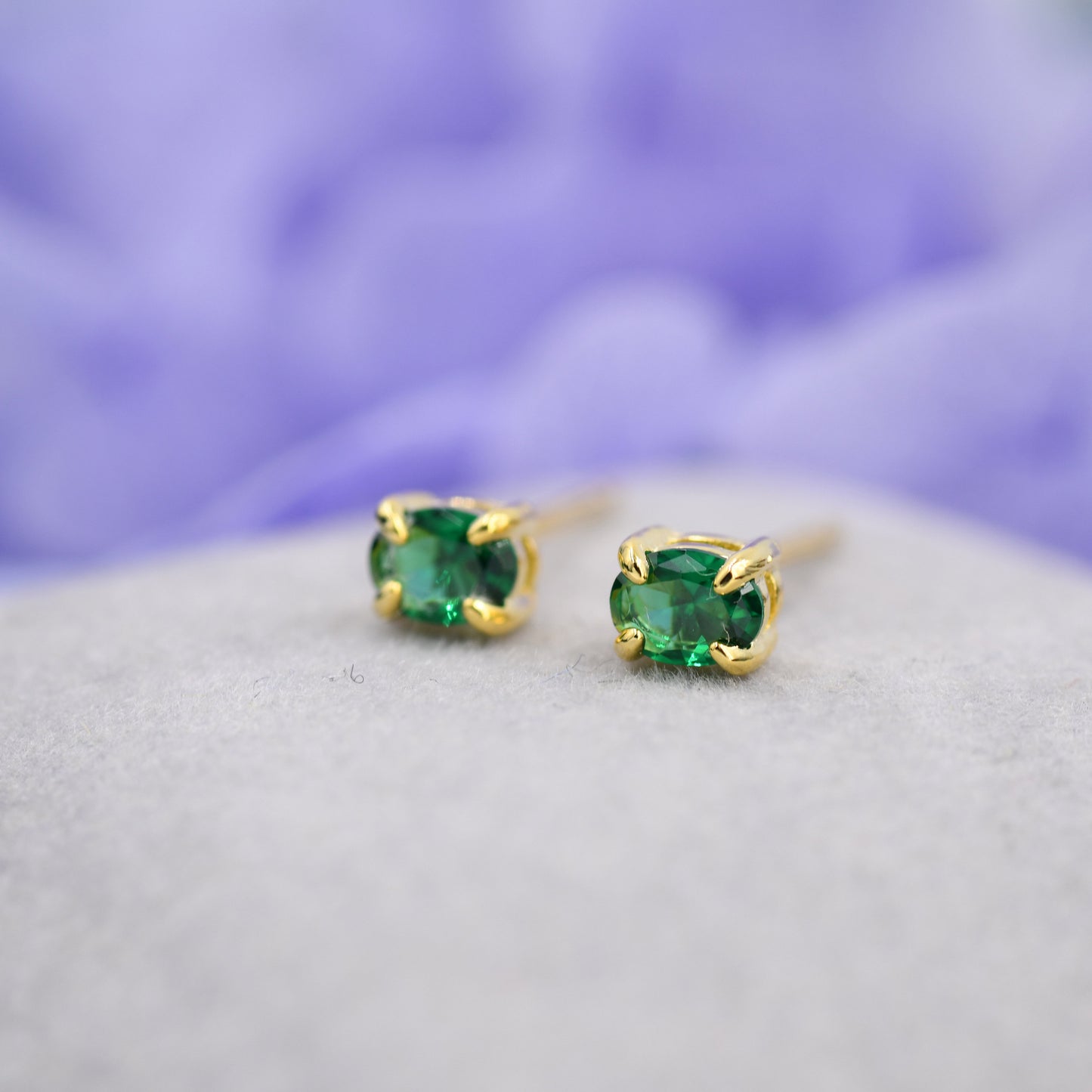 Very Tiny Emerald Green Oval CZ Stud Earrings in Sterling Silver,  Silver or Gold, Oval Cut Crystal Earrings, May Birthstone