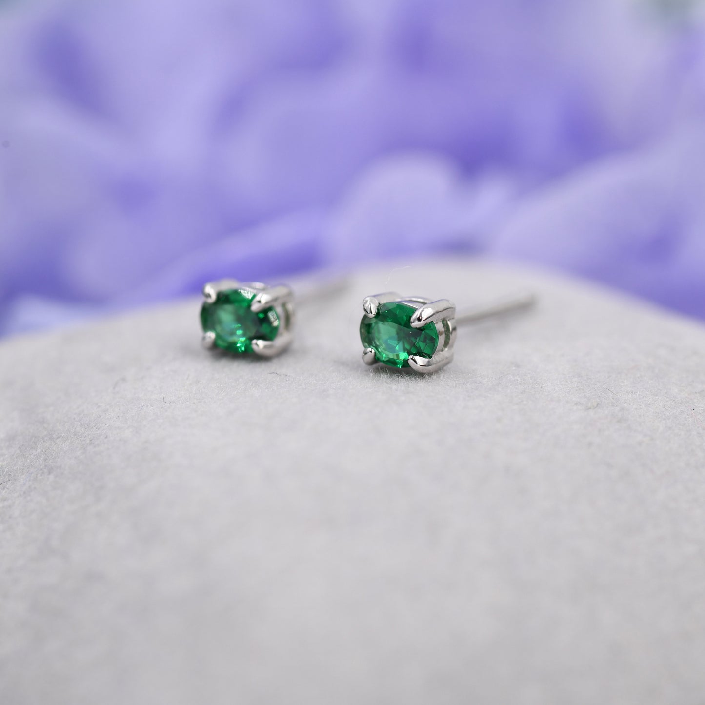 Very Tiny Emerald Green Oval CZ Stud Earrings in Sterling Silver,  Silver or Gold, Oval Cut Crystal Earrings, May Birthstone