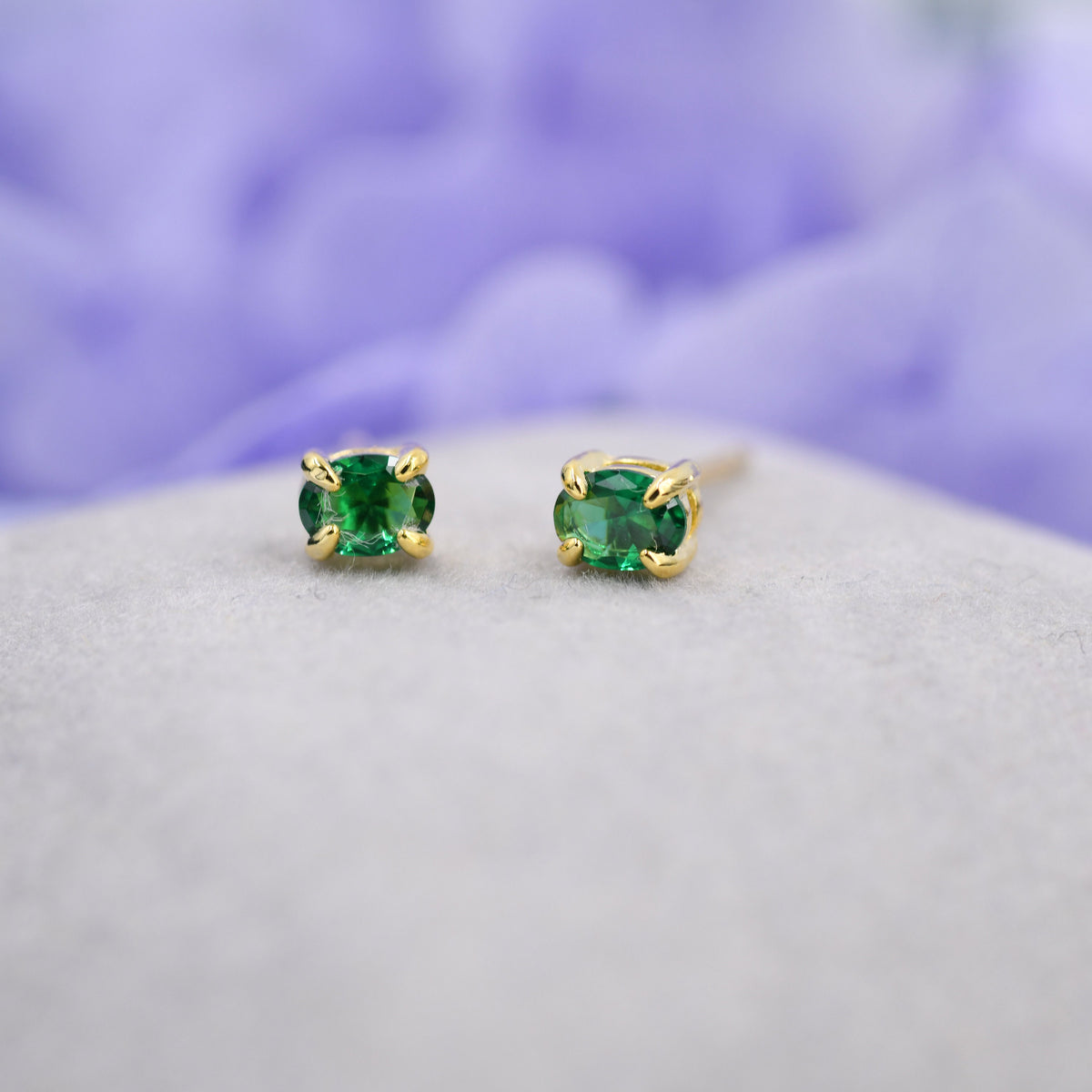 Very Tiny Emerald Green Oval CZ Stud Earrings in Sterling Silver, Silver or Gold, Oval Cut Crystal Earrings, May Birthstone