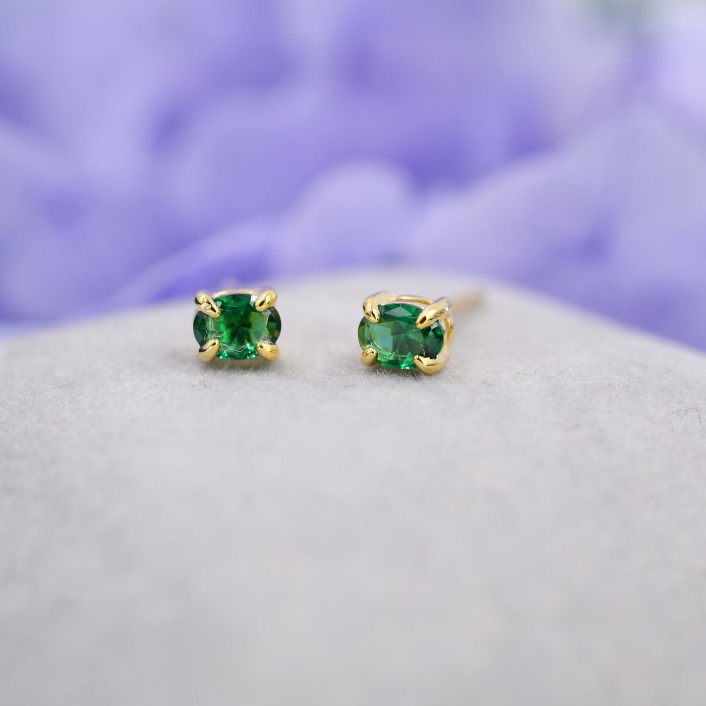 Very Tiny Emerald Green Oval CZ Stud Earrings in Sterling Silver,  Silver or Gold, Oval Cut Crystal Earrings, May Birthstone