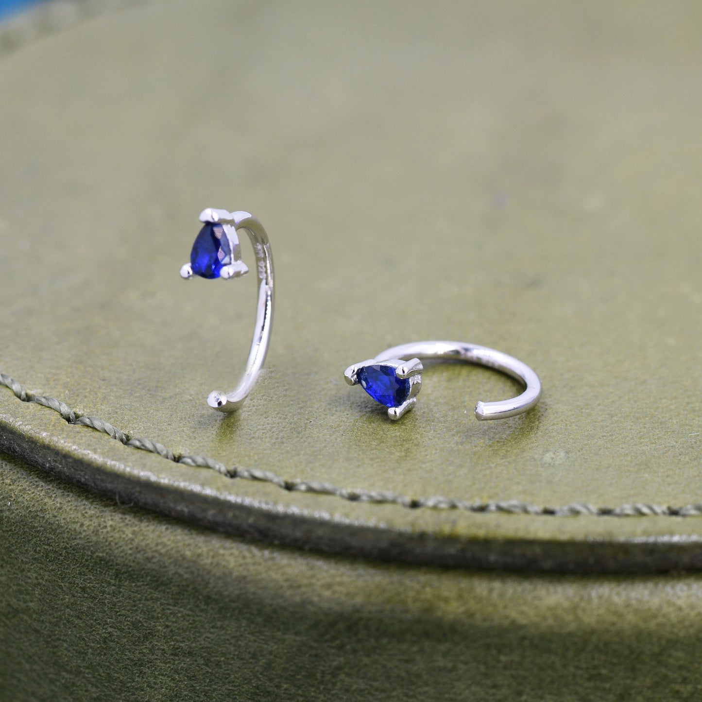 Sapphire Blue CZ Droplet Huggie Hoop Earrings in Sterling Silver, Tiny Blue Pear Cut CZ Open Hoops, Pull Through Threaders, Half Hoops