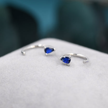 Sapphire Blue CZ Droplet Huggie Hoop Earrings in Sterling Silver, Tiny Blue Pear Cut CZ Open Hoops, Pull Through Threaders, Half Hoops