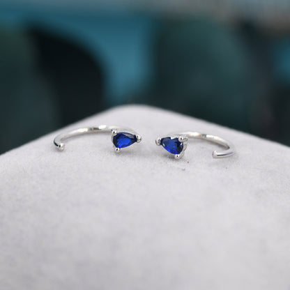 Sapphire Blue CZ Droplet Huggie Hoop Earrings in Sterling Silver, Tiny Blue Pear Cut CZ Open Hoops, Pull Through Threaders, Half Hoops