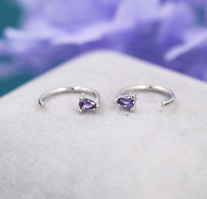 Amethyst Purple CZ Droplet Huggie Hoop Earrings in Sterling Silver, Tiny Purple Pear Cut CZ Open Hoops, Pull Through Threaders, Half Hoops
