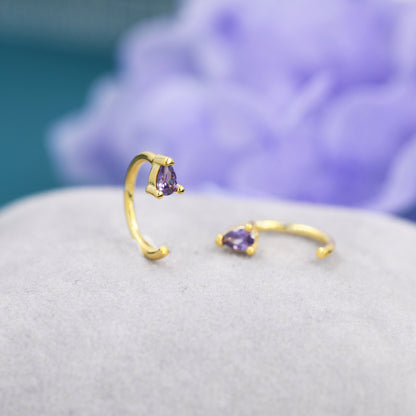 Amethyst Purple CZ Droplet Huggie Hoop Earrings in Sterling Silver, Tiny Purple Pear Cut CZ Open Hoops, Pull Through Threaders, Half Hoops
