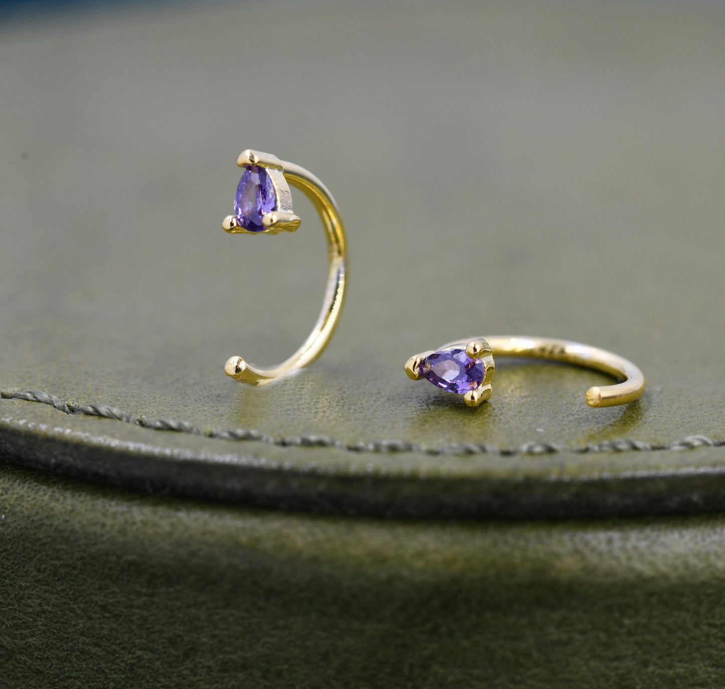 Amethyst Purple CZ Droplet Huggie Hoop Earrings in Sterling Silver, Tiny Purple Pear Cut CZ Open Hoops, Pull Through Threaders, Half Hoops