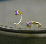 Amethyst Purple CZ Droplet Huggie Hoop Earrings in Sterling Silver, Tiny Purple Pear Cut CZ Open Hoops, Pull Through Threaders, Half Hoops