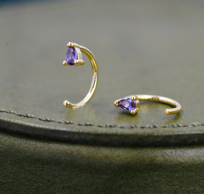 Amethyst Purple CZ Droplet Huggie Hoop Earrings in Sterling Silver, Tiny Purple Pear Cut CZ Open Hoops, Pull Through Threaders, Half Hoops