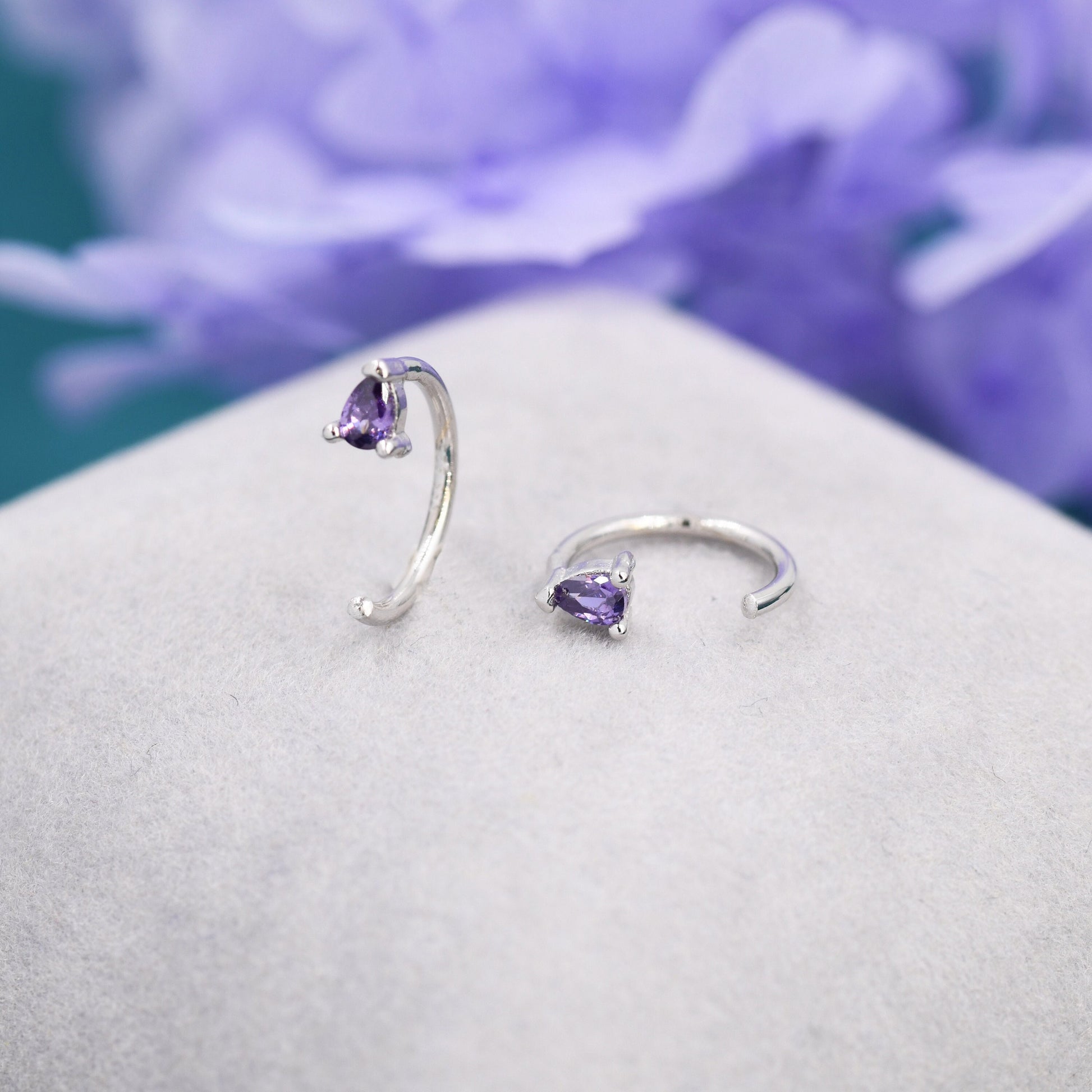 Amethyst Purple CZ Droplet Huggie Hoop Earrings in Sterling Silver, Tiny Purple Pear Cut CZ Open Hoops, Pull Through Threaders, Half Hoops
