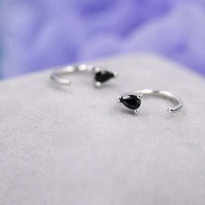 Black CZ Droplet Huggie Hoop Earrings in Sterling Silver, Tiny Pear Cut CZ Open Hoops, Pull Through Threaders, Half Hoops