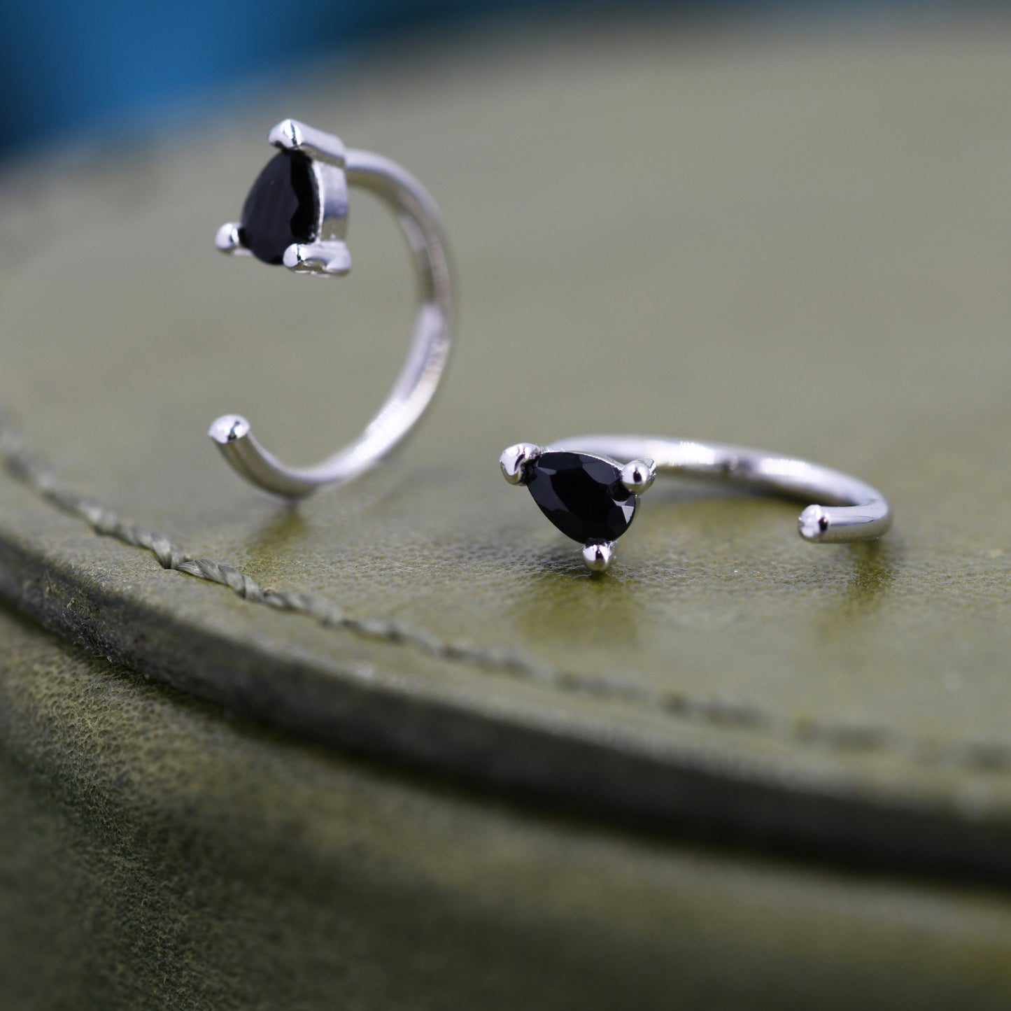 Black CZ Droplet Huggie Hoop Earrings in Sterling Silver, Tiny Pear Cut CZ Open Hoops, Pull Through Threaders, Half Hoops