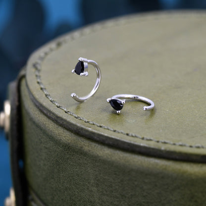 Black CZ Droplet Huggie Hoop Earrings in Sterling Silver, Tiny Pear Cut CZ Open Hoops, Pull Through Threaders, Half Hoops