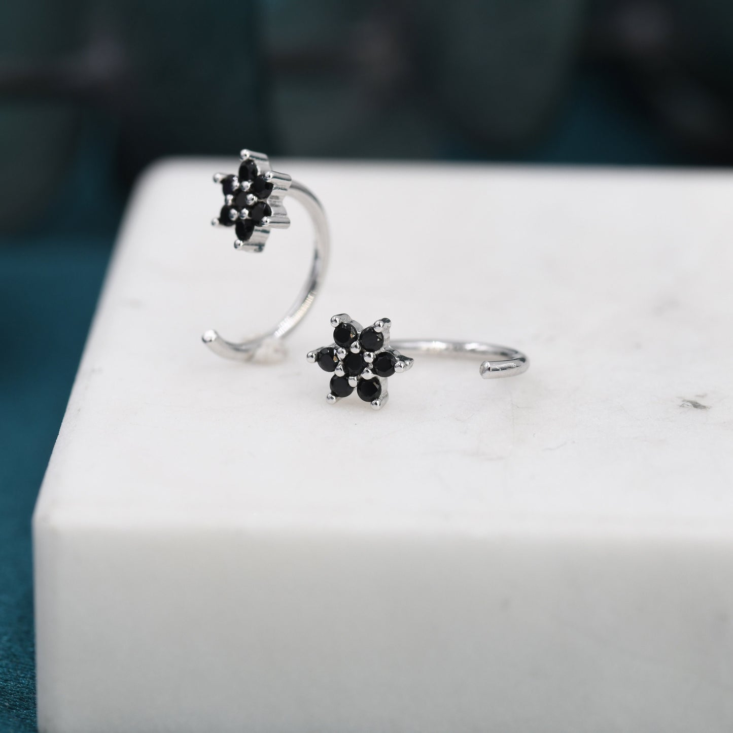 Black CZ Flower Huggie Hoop Earrings in Sterling Silver, Tiny CZ Cluster Open Hoops, Pull Through Threaders, Half Hoops