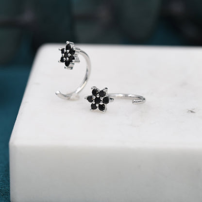 Black CZ Flower Huggie Hoop Earrings in Sterling Silver, Tiny CZ Cluster Open Hoops, Pull Through Threaders, Half Hoops