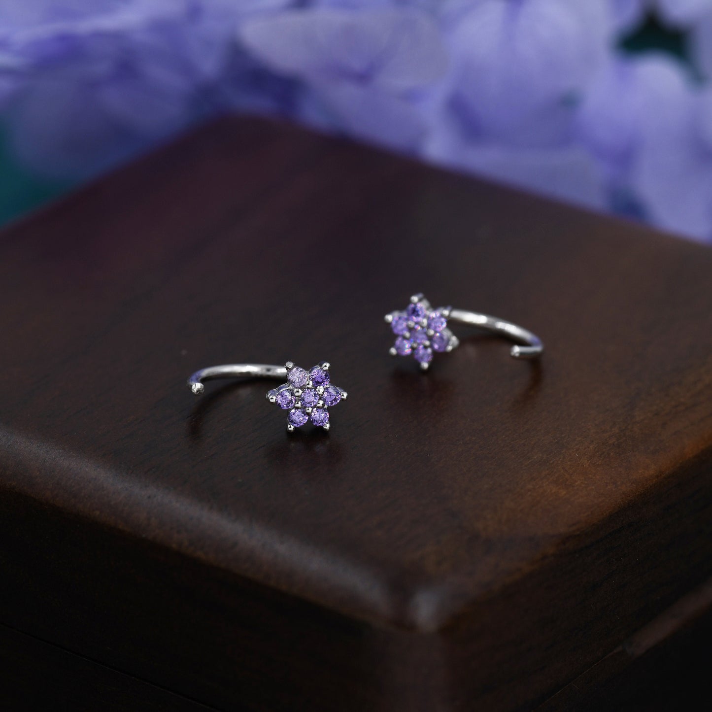 Amethyst Purple Flower Huggie Hoop Earrings in Sterling Silver, Tiny CZ Cluster Open Hoops, Pull Through Threaders, Half Hoops