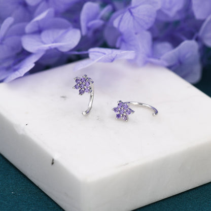 Amethyst Purple Flower Huggie Hoop Earrings in Sterling Silver, Tiny CZ Cluster Open Hoops, Pull Through Threaders, Half Hoops