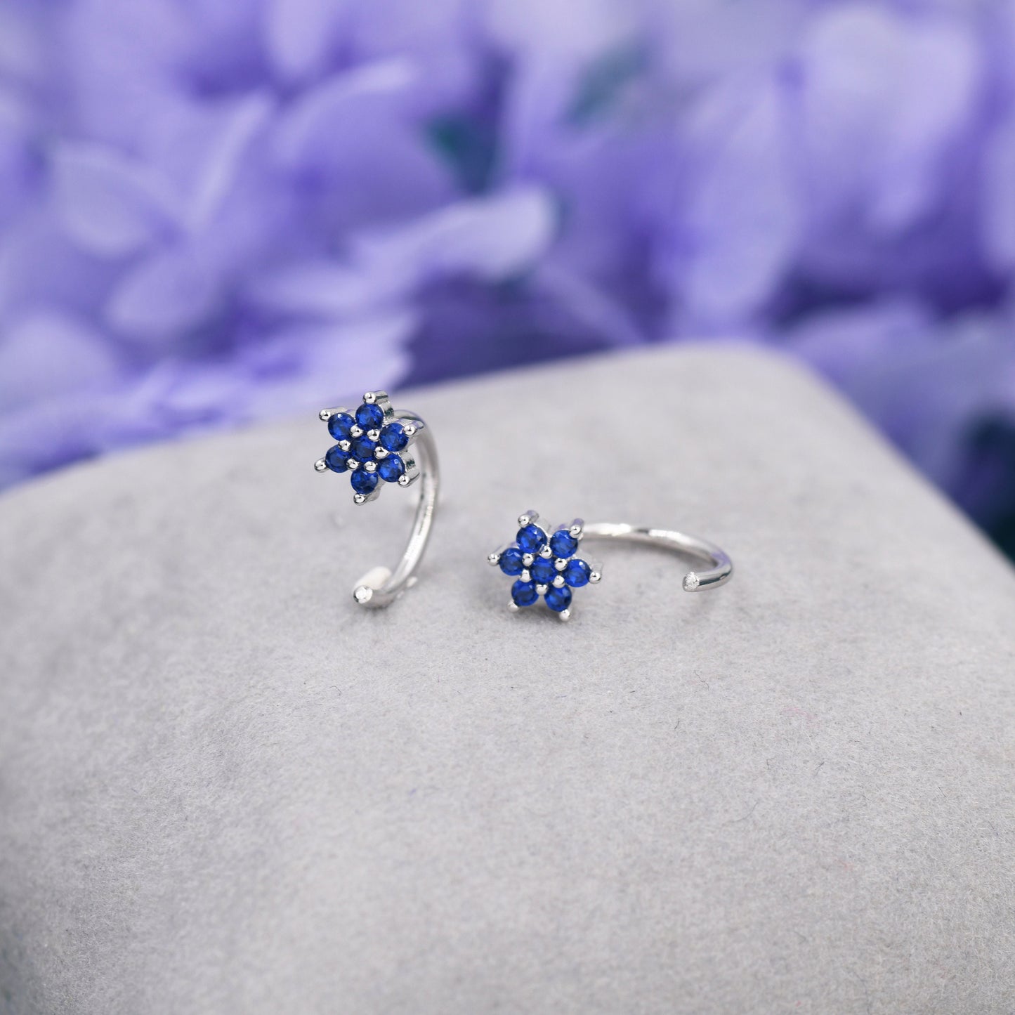 Sapphire Blue Flower Huggie Hoop Earrings in Sterling Silver, Tiny CZ Cluster Open Hoops, Pull Through Threaders, Half Hoops