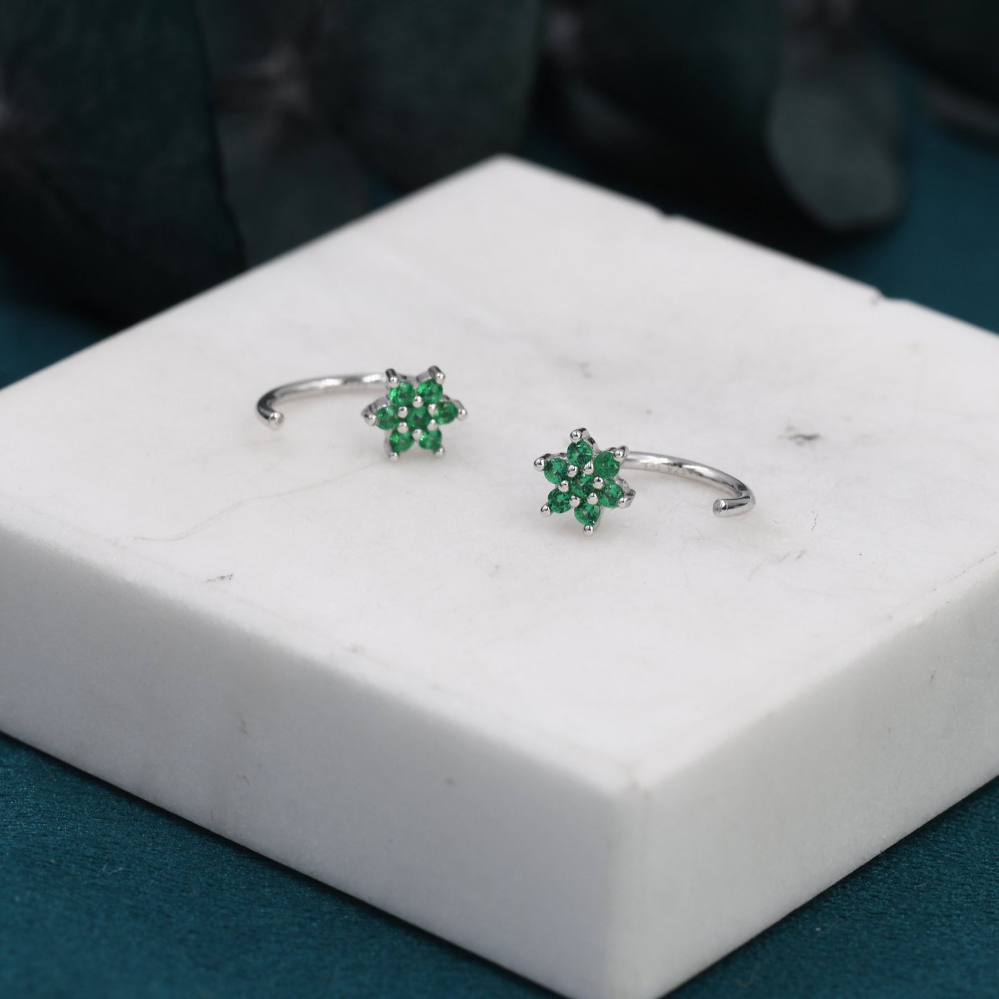 Emerald Green Flower Huggie Hoop Earrings in Sterling Silver, Tiny CZ Cluster Open Hoops, Pull Through Threaders, Half Hoops