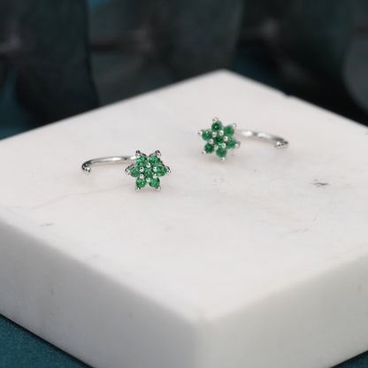 Emerald Green Flower Huggie Hoop Earrings in Sterling Silver, Tiny CZ Cluster Open Hoops, Pull Through Threaders, Half Hoops