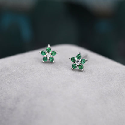 Very Small Emerald Green CZ Flower Stud Earrings in Sterling Silver, Silver or Gold, Crystal Flower Earrings, Stacking Earrings