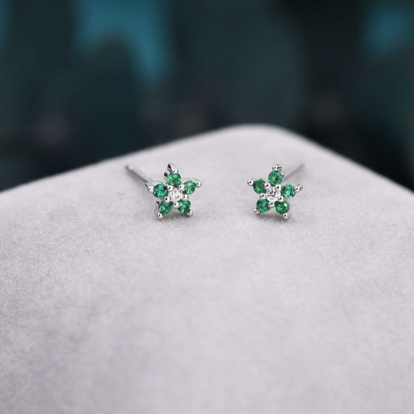 Very Small Emerald Green CZ Flower Stud Earrings in Sterling Silver, Silver or Gold, Crystal Flower Earrings, Stacking Earrings