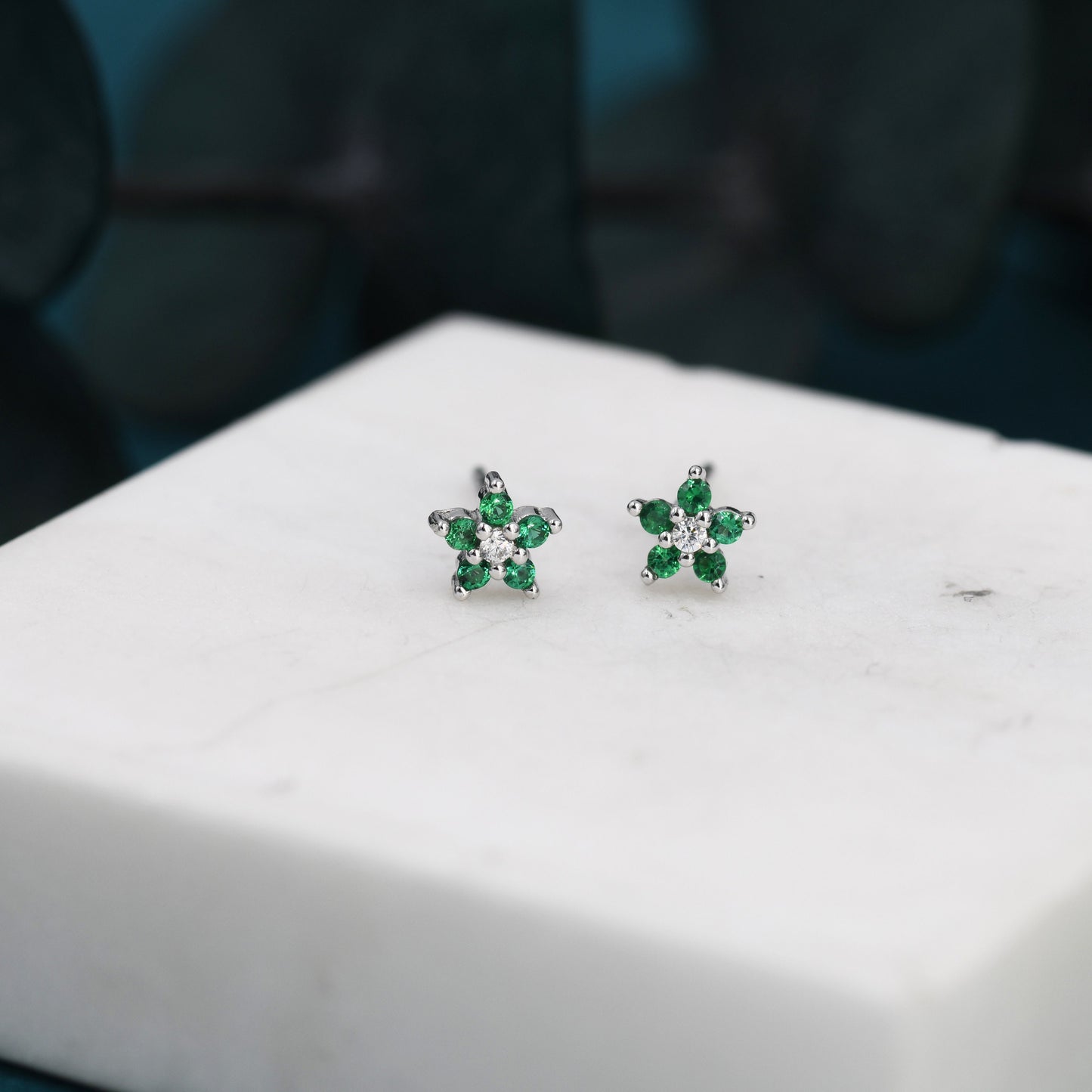 Very Small Emerald Green CZ Flower Stud Earrings in Sterling Silver, Silver or Gold, Crystal Flower Earrings, Stacking Earrings