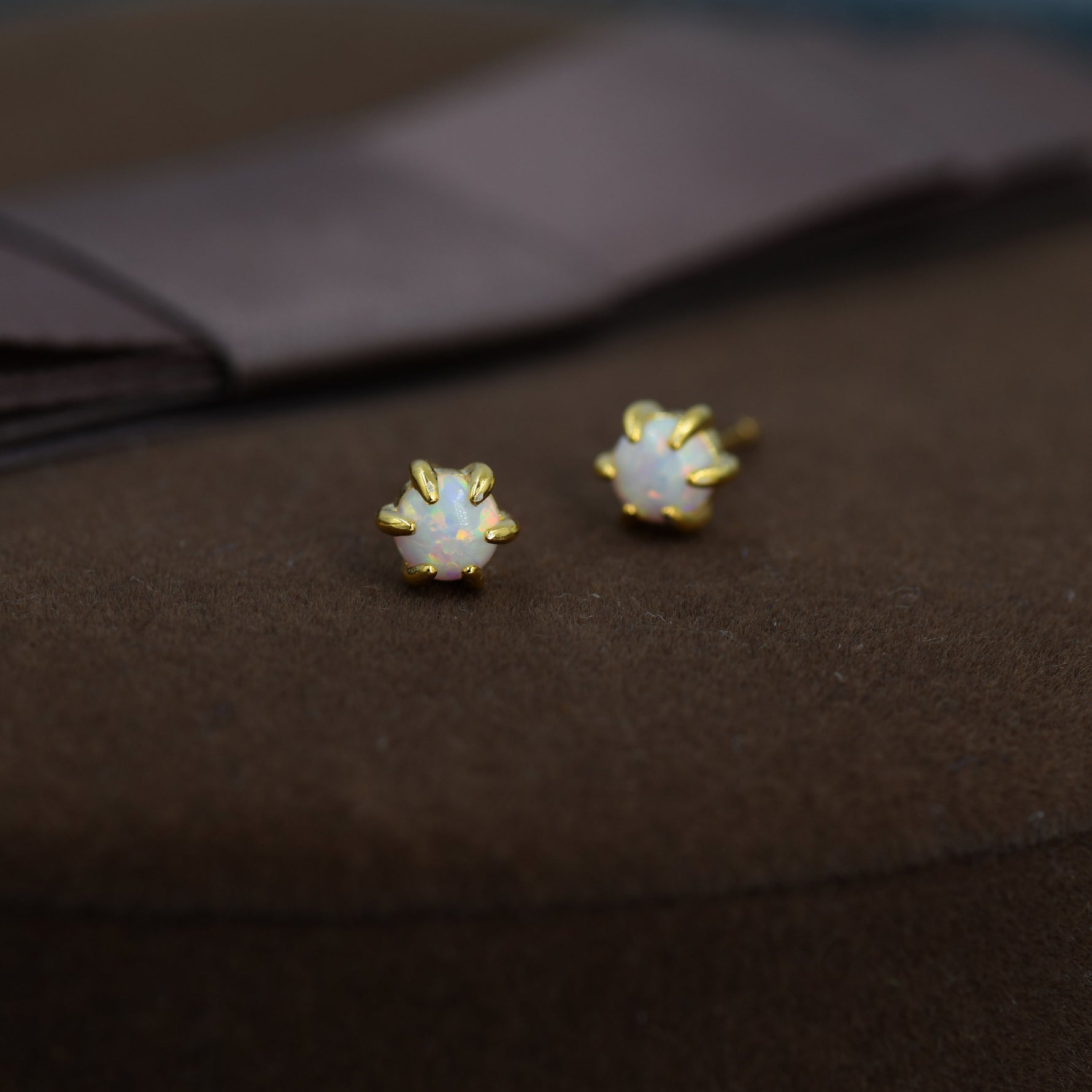 White Opal Long Prong Stud Earrings in Sterling Silver, Silver or Gold, Opal Earrings, Tiny Opal Earrings, Dainty Opal Cluster Earrings