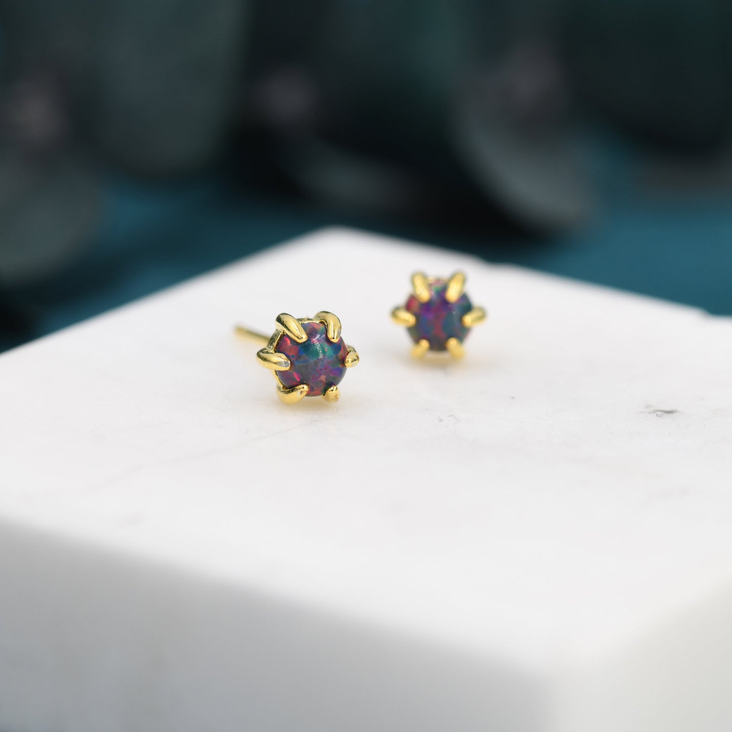 Cosmic Purple Opal Long Prong Stud Earrings in Sterling Silver, Silver or Gold, Opal Earrings, Tiny Opal Earrings, Dainty Opal Earrings