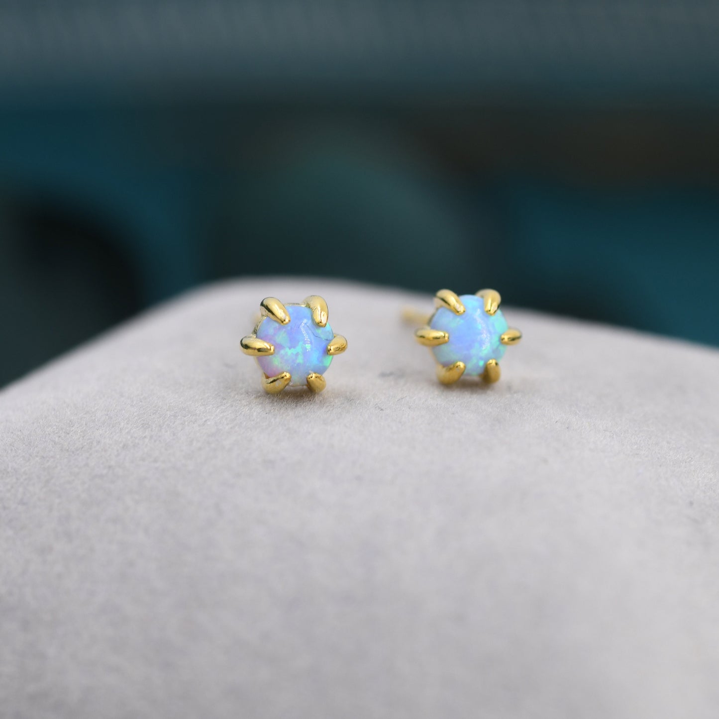 Blue Opal Long Prong Stud Earrings in Sterling Silver, Silver or Gold, 4mm Opal Stone